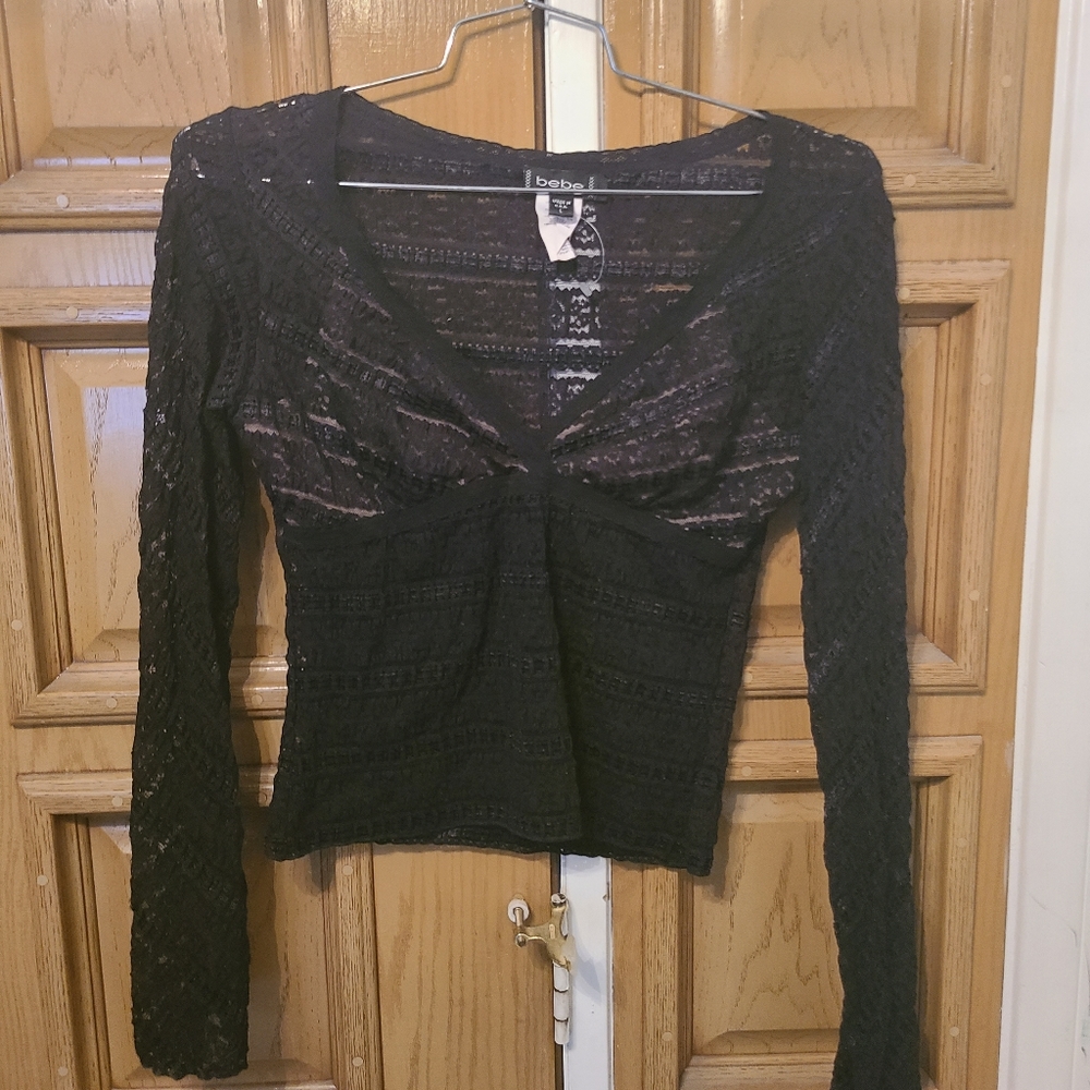 Bebe black lace top, size L